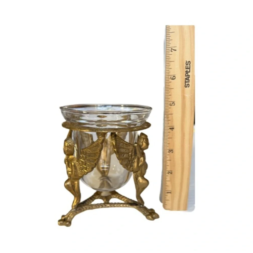 Vintage Brass Cherub Decorative Glass Bowl / Candle Holder